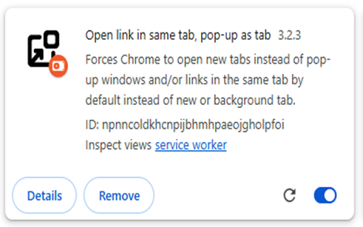 Open link in same tab, pop-up as tab :: Forces Chrome to open new tabs instead of pop-up windows and/or links in the same tab by default instead of new or background tab.