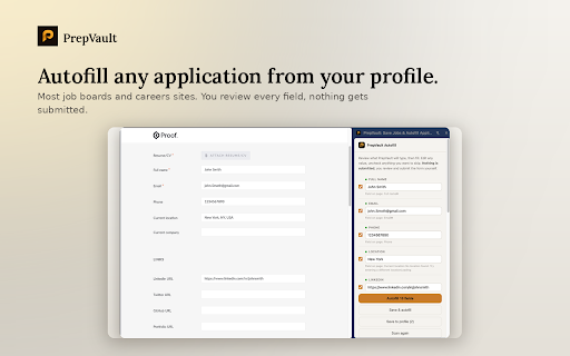 PrepVault: Save Jobs & Autofill Applications :: Save a job from any board in one click, then autofill applications on most career sites from your saved profile.