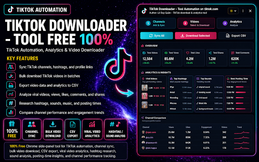 TikTok Downloader - Tools Automation on Tiktok.com :: 100% Free - TikTok automation: sync channels, bulk download videos, export CSV, analyze viral videos, hashtags, sounds & stats.