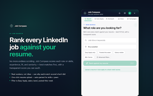 Job Compass — AI Job Search & Outreach for LinkedIn :: AI-ranked LinkedIn job search, Easy Apply automation, and outreach to hiring managers — all in one overlay on linkedin.com.