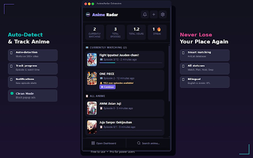 AnimeRadar - Smart Anime Tracker :: Auto-detect and track your anime episodes. Never lose your place again.