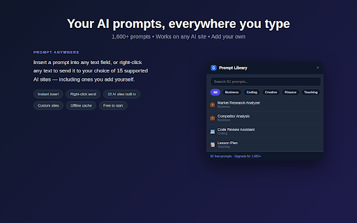 AI Prompt Library by Bob :: 1,600+ AI prompts with Prompt Anywhere — insert into any text field, or right-click send to 15 supported AI sites.