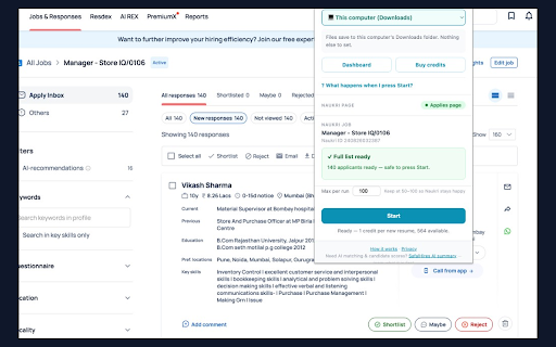 Naukri Resume Instant Downloader :: Download Naukri applicant resumes to your computer, Google Drive, your ATS, or SafalHires AI summary.