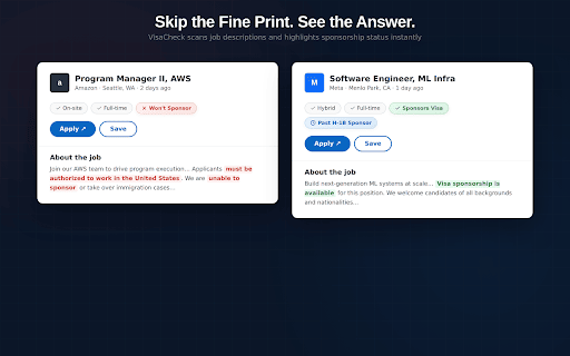 VisaCheck for Linkedin :: Injects H-1B sponsorship history pills into LinkedIn job postings.