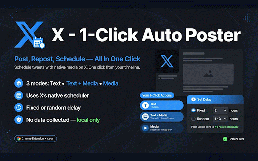 X 1-Click Auto Poster Premium11: Post, Repost & Schedule Tweets Fast :: Post, repost, and schedule tweets with native media on X. All in one click from your timeline.