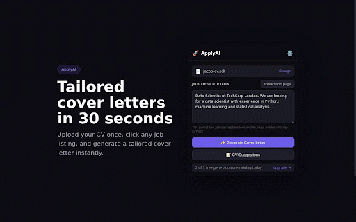 ApplyAI — Job Application Assistant :: Upload your CV, click on any job listing, get a tailored cover letter and CV suggestions in 30 seconds.