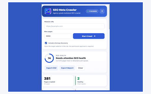 SEO Meta Crawler :: Persistent SEO crawler with interactive audits, page analysis, reports, metadata, images, links and schema.