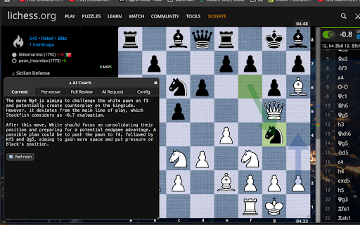 AI Chess Coach for Lichess™ :: AI-powered chess analysis tool that integrates with Lichess™.