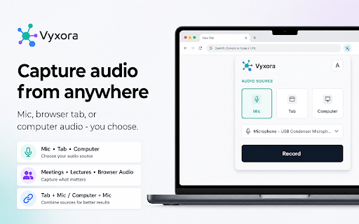 AI Note Taker & Meeting Recorder - Vyxora: Record Any Tab :: Record meetings, lectures & browser audio from any tab. Turn recordings into structured AI notes, transcripts, tasks, and mind maps.