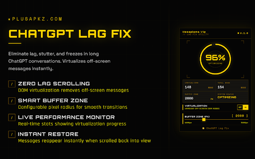 ChatGPT Lag Fixer - Stop Crash Slow :: Is ChatGPT very slow or crashing? Fix ChatGPT lag and freezing in long conversations instantly. Speed up your Chat GPT.