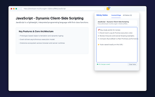 Sticky URL Notes - Page-by-Page Quick Notes :: Take quick, private notes attached directly to specific URLs. Auto-saves locally with search and badge indicators.