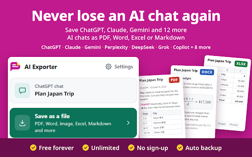 Free AI Exporter: Export ChatGPT, Claude, Gemini & DeepSeek to PDF & Word :: Export & save ChatGPT, Claude, Gemini, DeepSeek + 11 more AI chats to PDF, Word, Markdown, Excel. Free, unlimited, no sign-up.