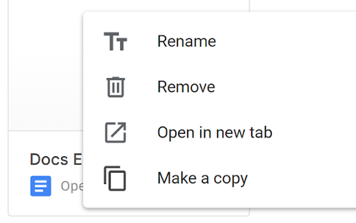 Docs Easy Copy :: Adds a 'Make a copy' button to the 3-dot menu on the Google Docs homepage, so you can duplicate any document in one click.