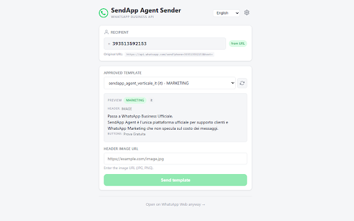 SendApp Agent Sender :: Intercept WhatsApp click-to-chat links and send templates via SendApp Official (WhatsApp Business API).