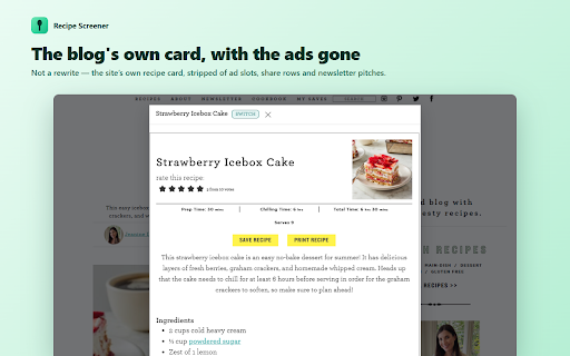 Recipe Screener :: The blog's own recipe card, minus the ads, share rows and newsletter pitches. Plus scaling, metric and a cook mode.