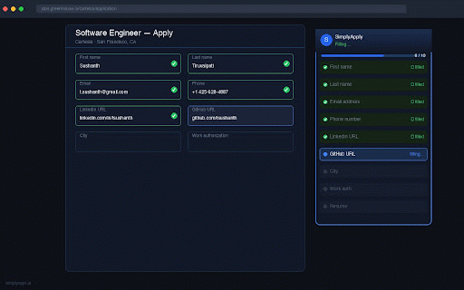 SimplyApply — AI Job Autofill :: Autofill job applications in one click. Works on Greenhouse, Lever, Ashby, and more. Save your profile once, apply everywhere.