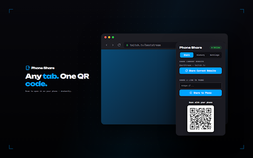 Phone Share :: Instantly share browser tabs to your phone via QR codes. Works standalone or with the Phone Share Stream Deck plugin.
