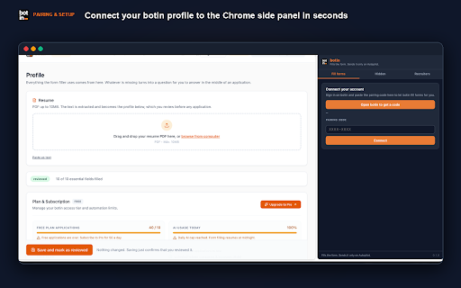 botin :: Fills LinkedIn job applications from your botin profile — review each step, or run on Autopilot for batches you set the size of.