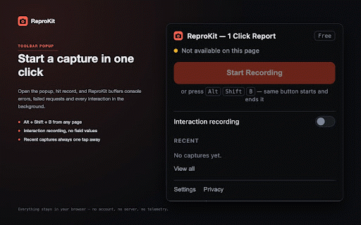 ReproKit - 1Click Bug Report :: Records console, network and interaction context into a dev-ready bug report in one click. Nothing leaves your machine.