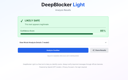 DeepBlocker Light :: Instantly analyze suspicious text with AI-powered scam detection. Right-click any text to check for fraud indicators.