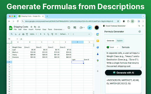 Excel Formula Generator :: AI for Excel and Google Sheets. Our formula generator explains existing and creates new ones from text. Stop searching, start doing