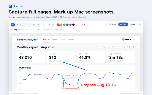 Full Page Screenshot & Mac Screenshot Markup - Shotbox :: Capture a whole web page in one image (or split long pages), and mark up Mac screenshots pasted with ⌘V. Save PNG/PDF or copy.