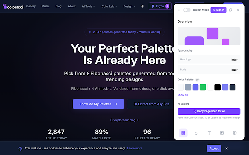 Coloracci: CSS Inspector, Colors & AI Specs :: Inspect CSS, extract color palettes, fonts & assets from any site. Copy elements as CSS, Tailwind or AI prompts. 100% free.