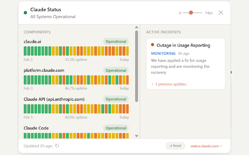 Claude Status Monitor :: Real-time Claude service status widget on claude.ai — uptime charts, live incidents, and alerts at a glance.