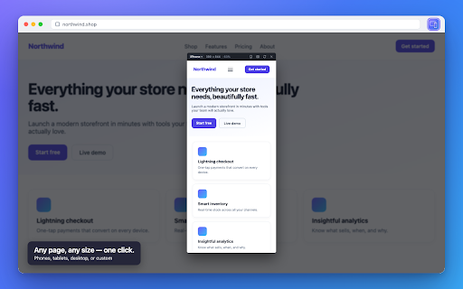 Responsive View :: View any webpage at phone, tablet, desktop, or custom sizes in one click — resize, screenshot, compare, or emulate.
