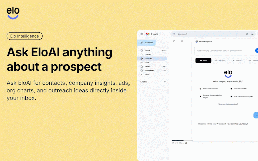 EloAI :: Sales intelligence in Gmail and on LinkedIn profiles: compose assistant, insights dashboard, and company/person context.
