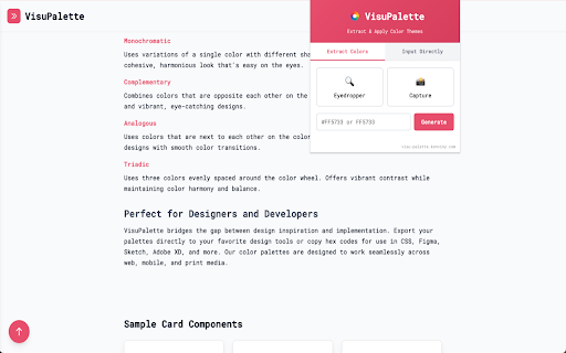 VisuPalette - Color Palette Extractor & Theme Generator :: Extract color palettes from websites with eyedropper, area capture, and instant theme preview.