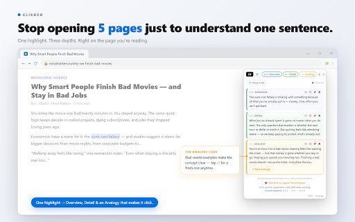 Clicked: AI Reading Assistant & Explainer :: Highlight any text on a webpage or PDF for an immediate AI explanation — quick or detailed, in 15+ languages. Private by design.