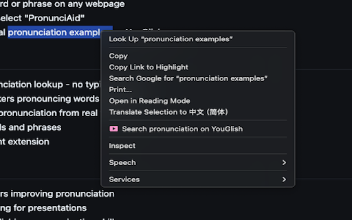 PronunciAid :: Quickly hear pronunciation via YouGlish — highlight text, right-click, and select PronunciAid.