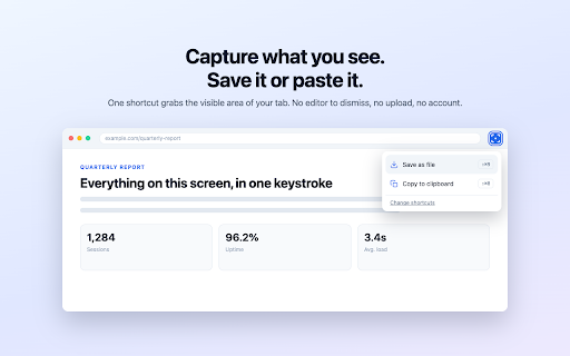 Visible Screenshot - Copy to Clipboard, Save PNG, Capture Visible Tab :: One shortcut screenshots the visible tab. Copy it to the clipboard to paste into chat, docs or AI tools, or save it as PNG.