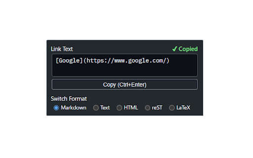 Format Link Custom :: Copy titles and URLs in Markdown, HTML, or a custom style. Works on one page or several selected tabs at once.