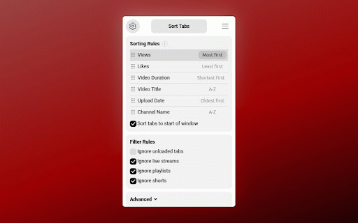 YouTube Sort :: Enhance your YouTube viewing experience, by sorting your open video tabs alphabetically, by channel name, view count or time.