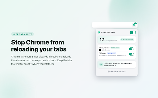 Keep Tabs Alive — Disable Automatic Tab Discarding :: Disable Chrome tab discarding and prevent unwanted tab reloads. Per-site rules, per-tab control and live stats.