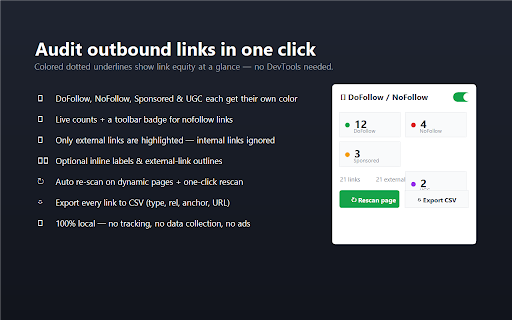 DoFollow / NoFollow Link Highlighter :: Instantly see which links on a page are dofollow (green) or nofollow/sponsored/ugc (red). SEO link auditing made simple.