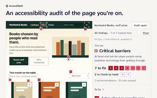 AccessCheck :: Inspect accessibility problems in the current tab: what failed, where it is, and the real keyboard focus path.