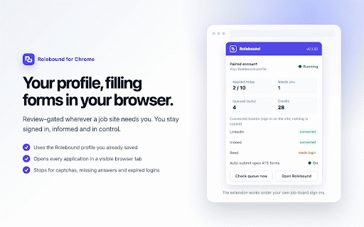 Rolebound :: Fills job applications with your Rolebound profile in your own browser. Review-gated wherever a site needs you.