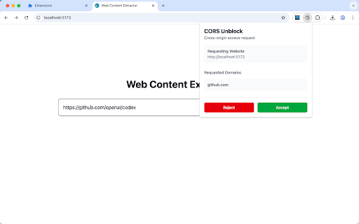 CORS Unblock :: Web apps cross-origin access with precise domain control and simple permissions.