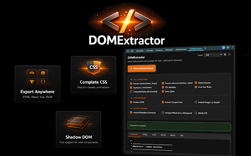 DOMExtractor :: Extract DOM elements with CSS styles from any website. For developers & designers. Export as HTML, CSS, React or Vue components.