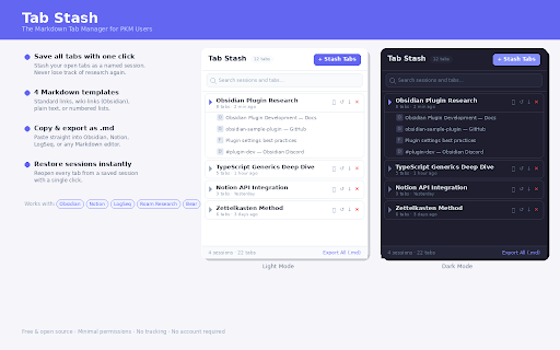 Tab Stash — Markdown Tab Manager :: Save tabs as Markdown. Export to Obsidian, Notion, or any note app. One-click stash, search, and restore. Built for PKM users.