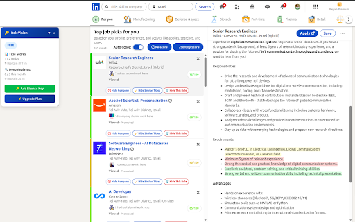 RoleVision :: AI job-search copilot for LinkedIn: hide noise, score fit, analyze vs resume