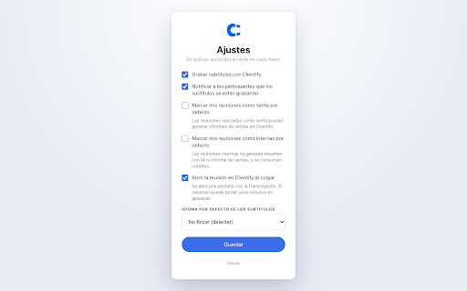 Clientify Note Taker :: Transcribe y analiza reuniones de Google Meet con IA: participantes, tiempos de habla, pantalla compartida y resumen automático.