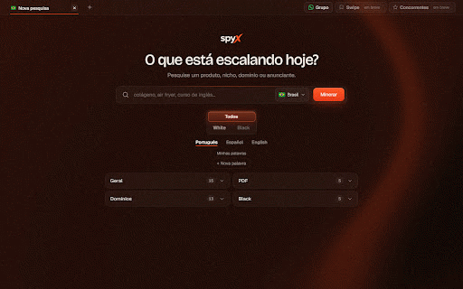 SpyX :: Encontre as ofertas que estão escalando na Biblioteca de Anúncios da Meta — filtros, raio-x, swipe, transcrição e Hard Spy.