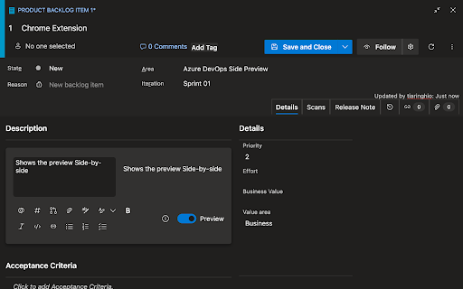 Azure DevOps Side Preview :: Moves the Azure DevOps Markdown preview to the right and keeps the toolbar on its own row.