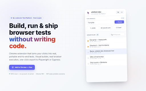 e2etest.dev - no-code e2e Test Platform :: Visual no-code e2e test platform — build, run and ship browser tests. Exports to Playwright & Cypress, AI-authoring via Cowork.