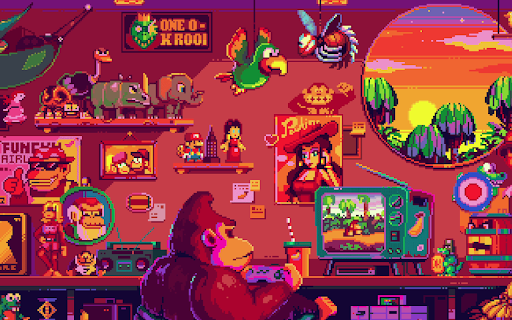 Retro donkey kong gaming room :: Transform your new tab into a nostalgic gaming room with live HD Retro Donkey Kong wallpapers for a fun and immersive experience.