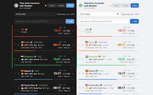 Time Zone Converter with Weather :: Compare time zones worldwide with live weather. Search by city or IATA code, color-code zones, and export your settings.